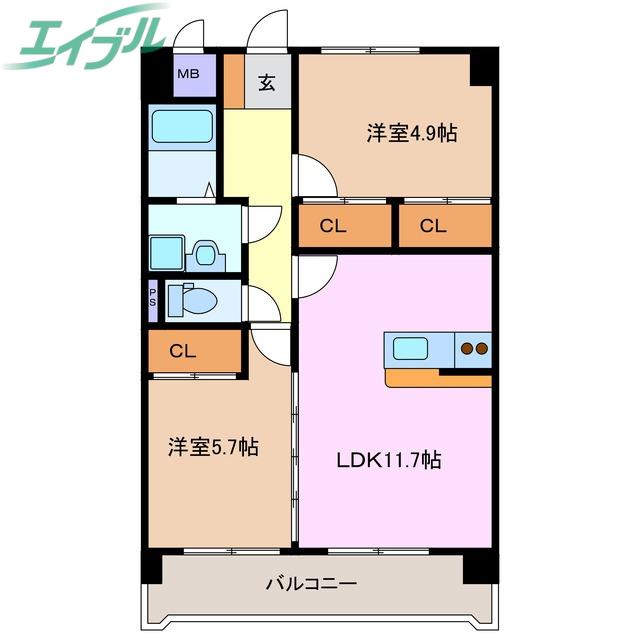 プリリアンスTAKEKOSHI A(2LDK/5階)の間取り写真