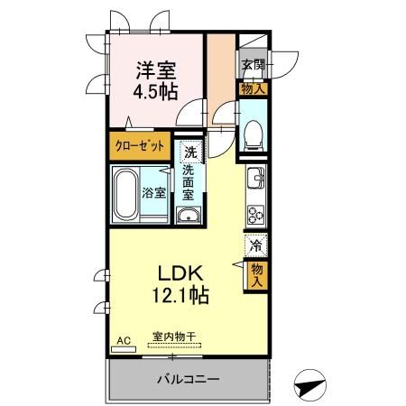 ペルラディアマンテ B棟(1LDK/2階)の間取り写真