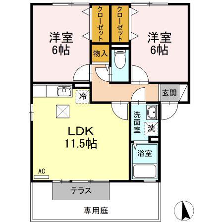 ブルーフォーレD棟(2LDK/1階)の間取り写真