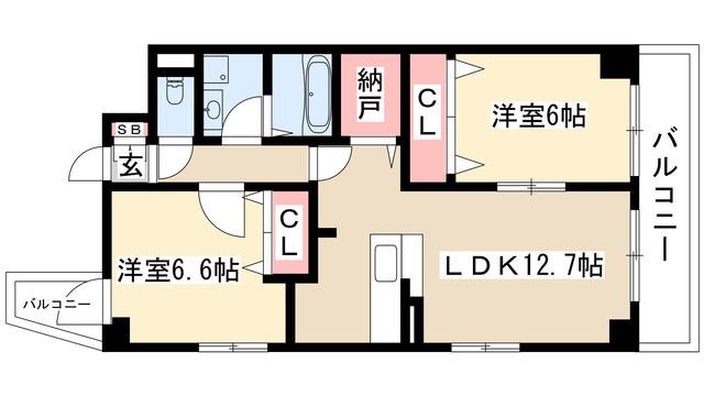ハピネス車道(2LDK/8階)の間取り写真