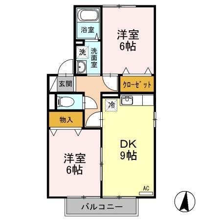 ハーヴェスト・パークA/B/C(2DK/2階)の間取り写真