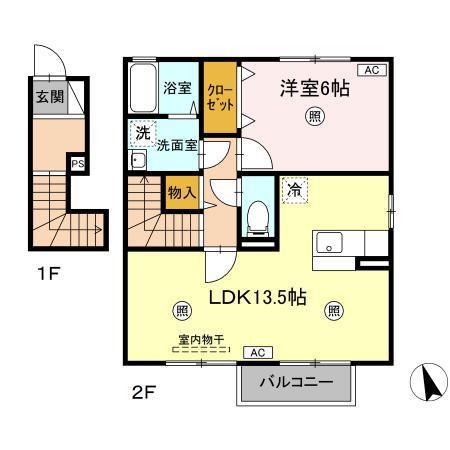 ラ・ルル六条 C棟(1LDK/2階)の間取り写真