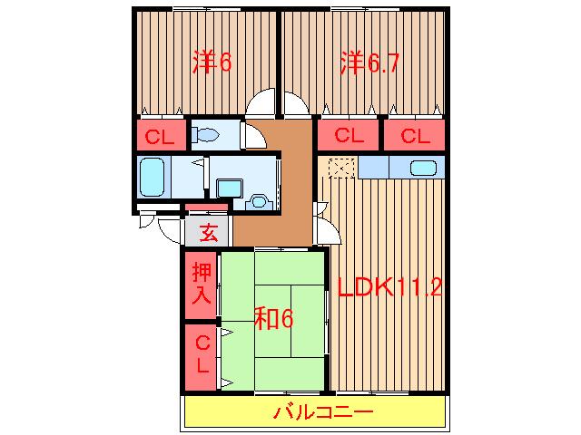 アルバンヒル鎌ケ谷(3LDK/2階)の間取り写真