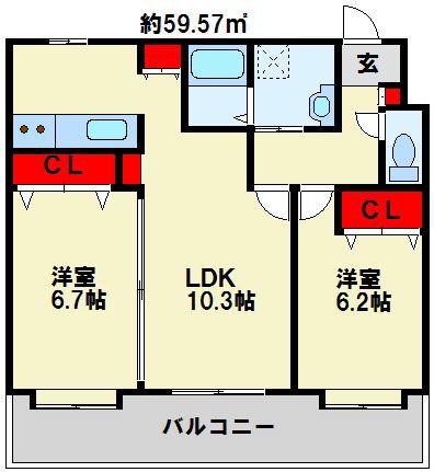 ニューリバー九工大駅前(2LDK/2階)の間取り写真
