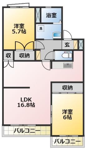 ファミール丁田(2LDK/2階)の間取り写真
