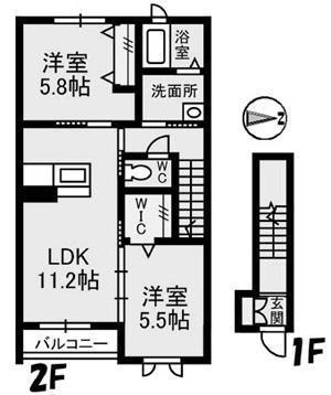 フェリシードひめばら B棟(2LDK/2階)の間取り写真