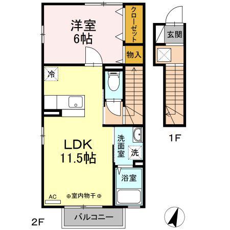 グレイスコート清原台B(1LDK/2階)の間取り写真