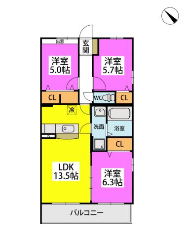 モデスティ筥松(3LDK/3階)の間取り写真