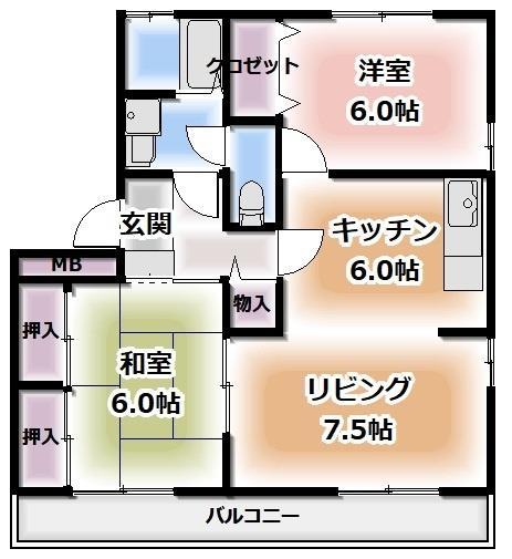 ルミウス北鳥生2(2LDK/3階)の間取り写真
