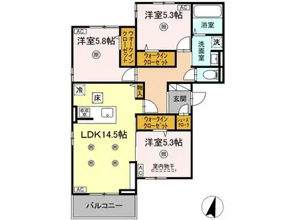 DーROOM美野島(3LDK/3階)の間取り写真