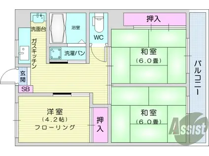 大手町YKハイツB(3K/3階)の間取り写真