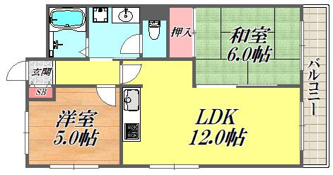 第2武庫之荘ハイム(2LDK/3階)の間取り写真