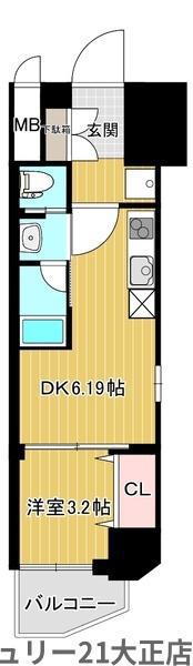 弁天町プライマリーワン(1DK/4階)の間取り写真