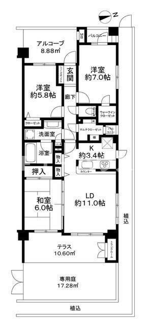 レクセルマンション原木中山(3LDK/1階)の間取り写真