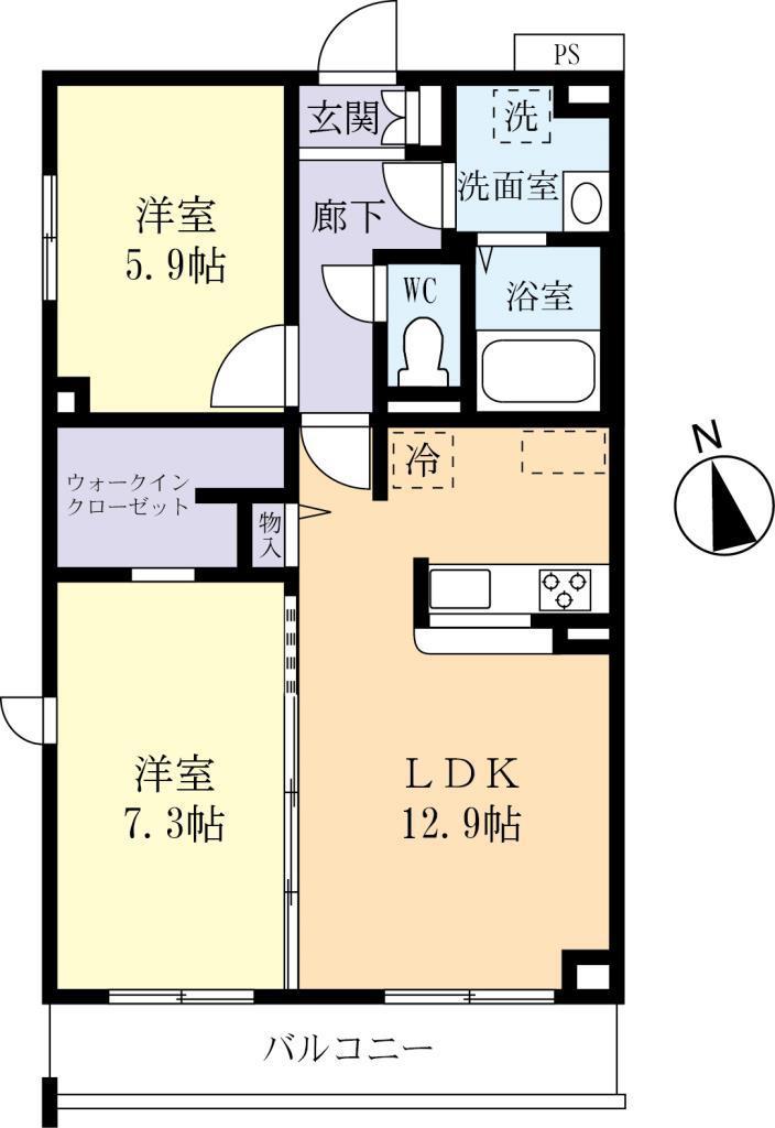クレシア学園南(2LDK/2階)の間取り写真