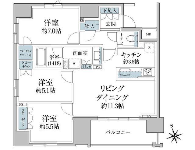 グランスイート八丁堀(3LDK/3階)の間取り写真