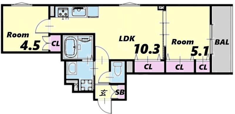 クリエオーレ元浜町(2LDK/1階)の間取り写真