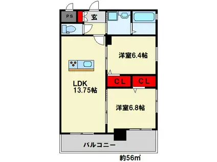 ＪＲ鹿児島本線 小倉駅(福岡) 徒歩5分 14階建 築5年(2LDK/2階)の間取り写真
