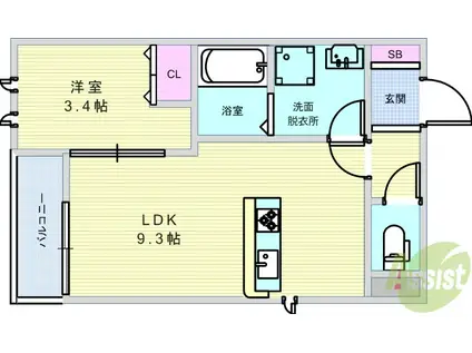 AGR 石橋(1LDK/3階)の間取り写真