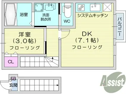 カームコート太子堂(1DK/2階)の間取り写真