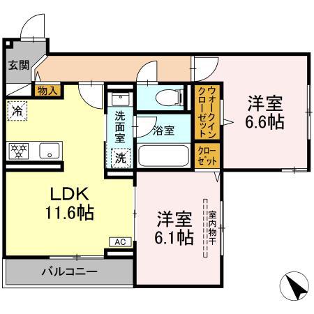 ディー パイナ 鴨居2(2LDK/2階)の間取り写真