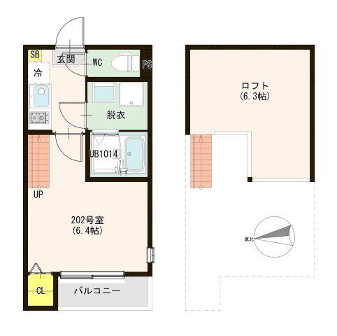 ハーモニーテラス蒲町東C(1K/2階)の間取り写真