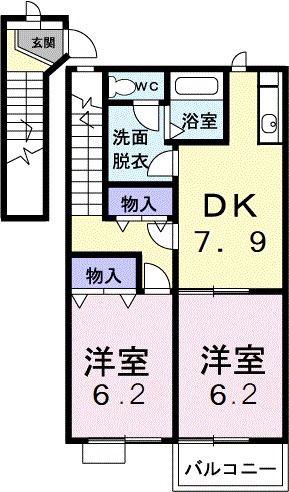 カーサセレシアスール(2DK/2階)の間取り写真