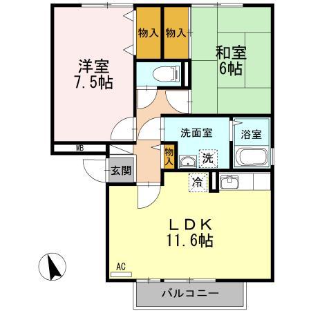 グレイスフルYA棟(2LDK/2階)の間取り写真