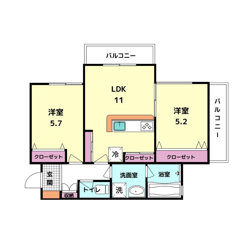 アモール三条大路B棟(2LDK/3階)の間取り写真