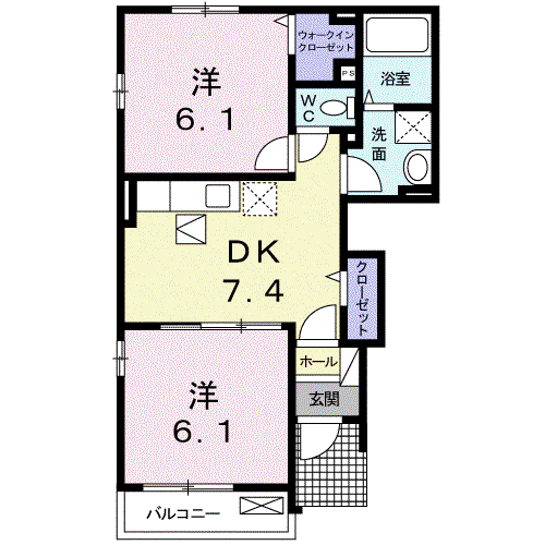 ドゥ・ヴェルデ(2DK/1階)の間取り写真