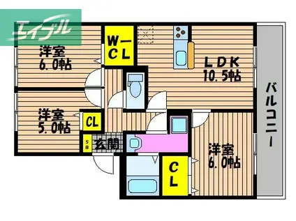 ハイカムールウエストリバーA棟(3LDK/1階)の間取り写真