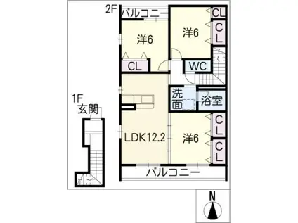 アルカディア A棟(3LDK/2階)の間取り写真