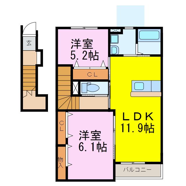 サニーサイド(2LDK/2階)の間取り写真