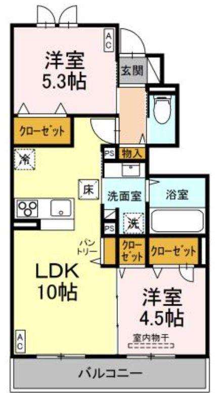 トリシア中條 B(2LDK/1階)の間取り写真