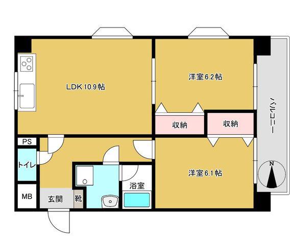 朝日フレール小田部(2LDK/2階)の間取り写真