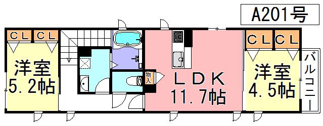 シャーメゾンパティオ(2LDK/2階)の間取り写真