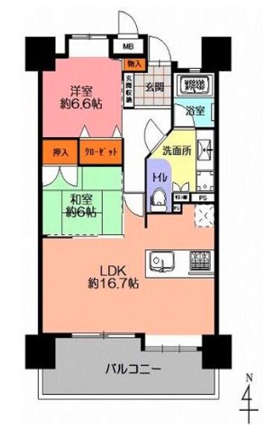 ポーラスター野中町(2LDK/4階)の間取り写真