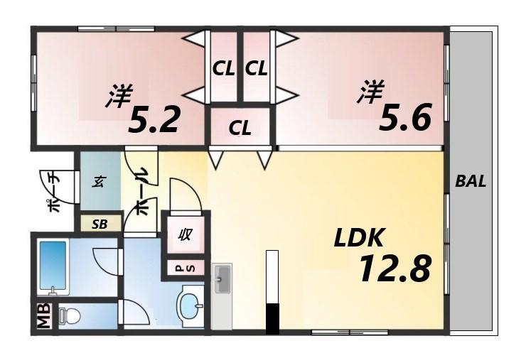 外堀川マンション(2LDK/2階)の間取り写真
