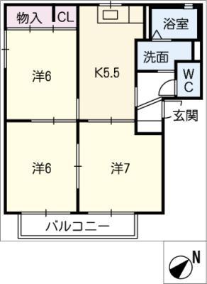 パレス司 A棟(3K/1階)の間取り写真