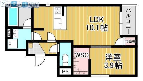 ラフィネ東大畑通(1LDK/1階)の間取り写真
