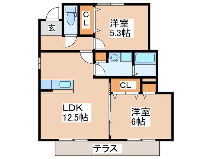 パークハイム水城B棟(2LDK/1階)の間取り写真