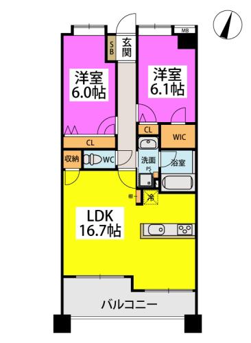 カルシア姪浜リオルト(2LDK/5階)の間取り写真