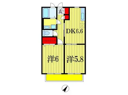 ローズハイム船橋宮本 A棟(2DK/1階)の間取り写真