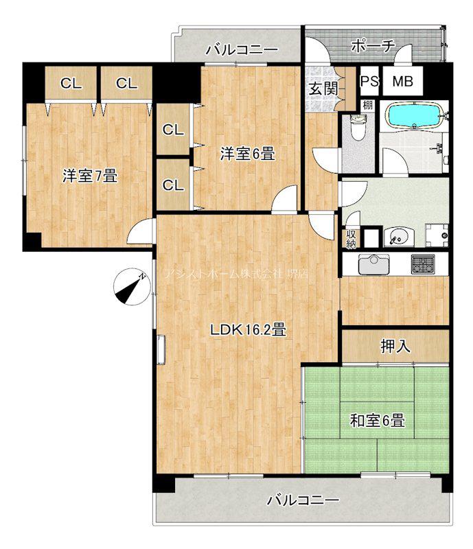 ライオンズマンション浜寺石津(3LDK/2階)の間取り写真
