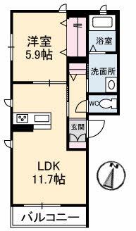 グランベレオ手城(1LDK/3階)の間取り写真