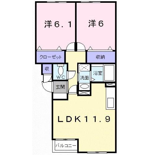 ジェルメ日乃出町(2LDK/2階)の間取り写真