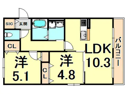 LA LUCE西宮北口(2LDK/3階)の間取り写真