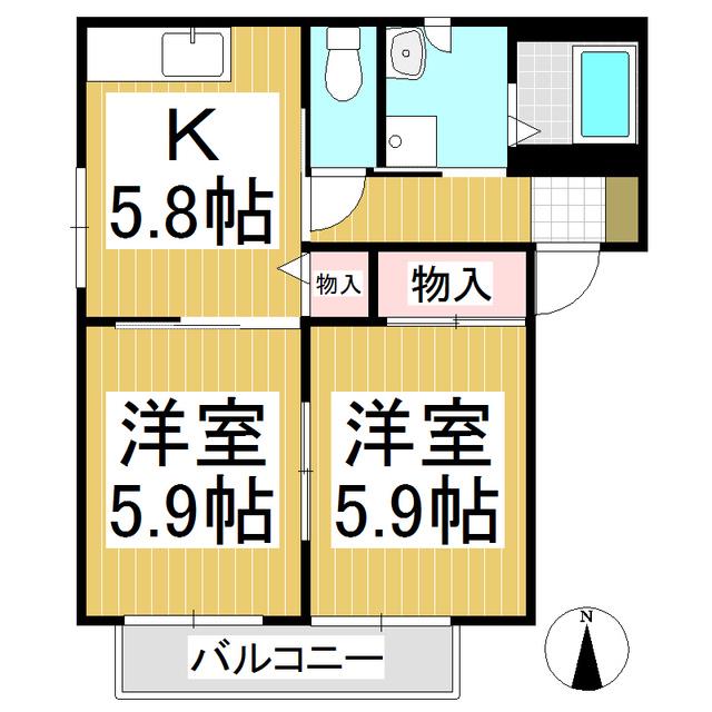 フラットケーA棟(2K/2階)の間取り写真
