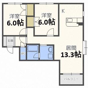 グランコート上野幌(2LDK/3階)の間取り写真