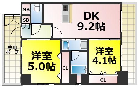 エステムコート阿波座プレミアム(2DK/2階)の間取り写真